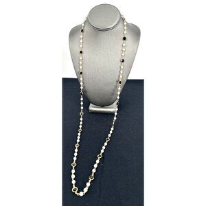 1928 Necklace Faux Pearl Black Glass Bead Gold Tone 42" Flapper Elegant Vtg